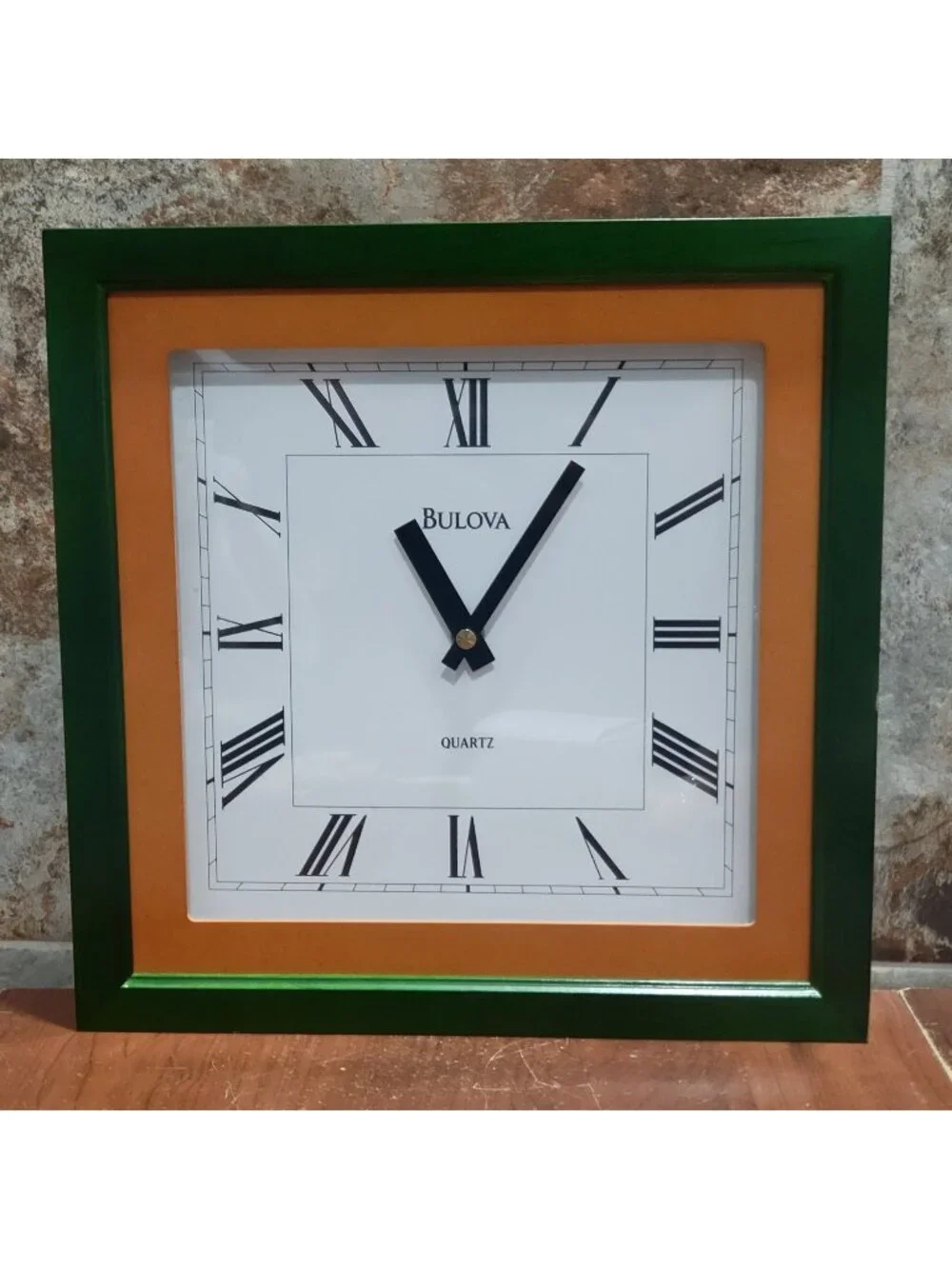 Vintage Bulova Quartz Wall Clock Square Green Orange Frame